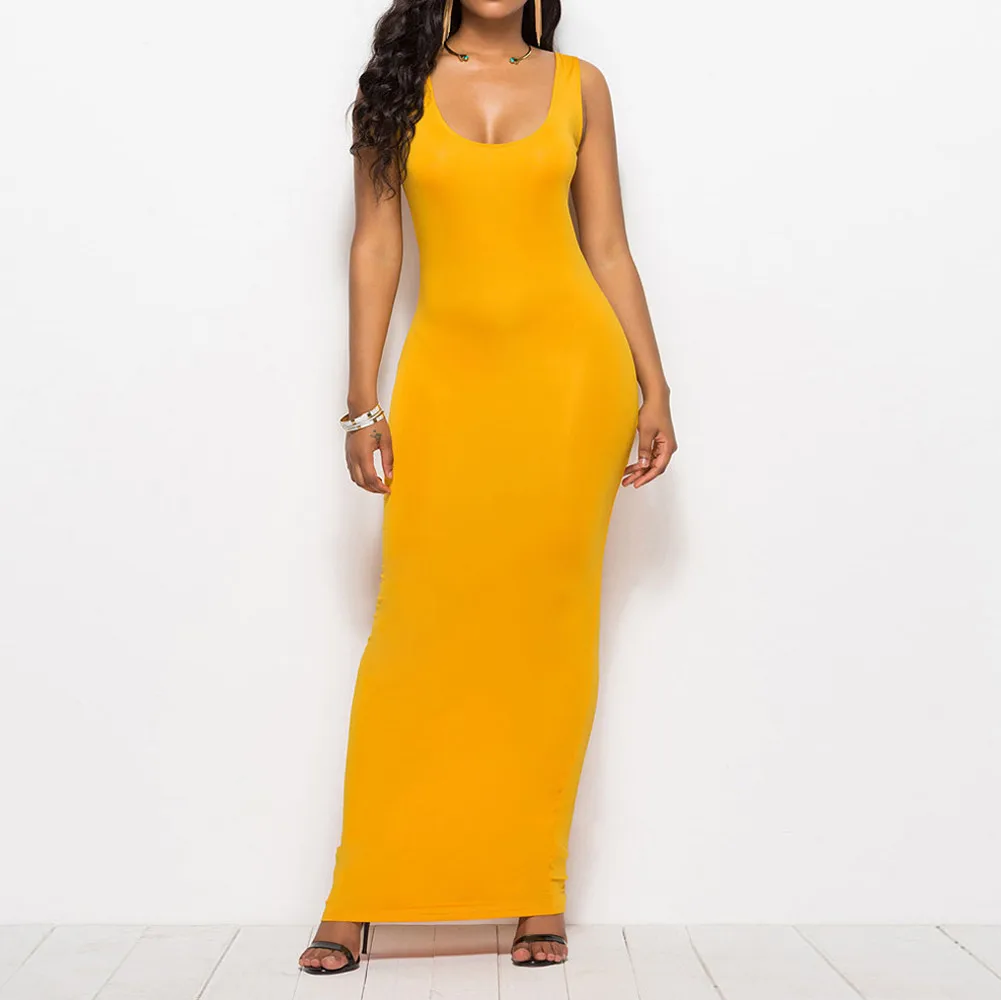 

2018 Women Sexy Summer Dress Full Length Dress Ladies Racer Sleeveless Bodycon Vest Yellow Dress Bottoming Drop Shipping 3j17*