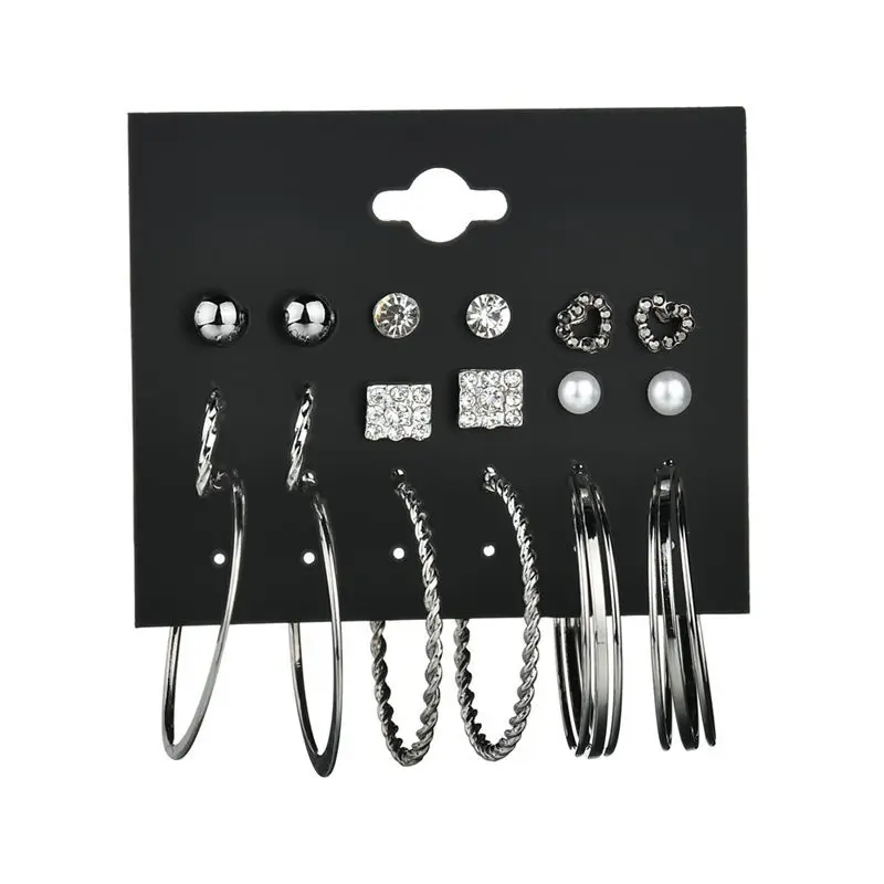

9 Pair/Set Silver Crystal Heart Geometric Circle Stud Earrings for Women Vintage Bride Earrings Set