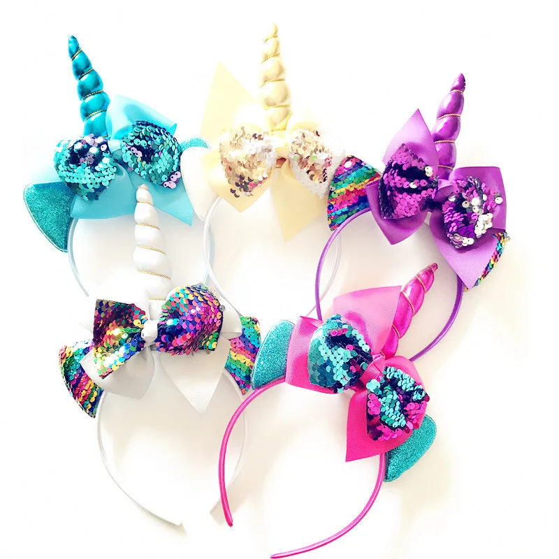 

2019 Glitter Metallic Unicorn Headband Girls big sequin bows Hairband For Kids rainbow Unicorn Horn Party Hair Accessories