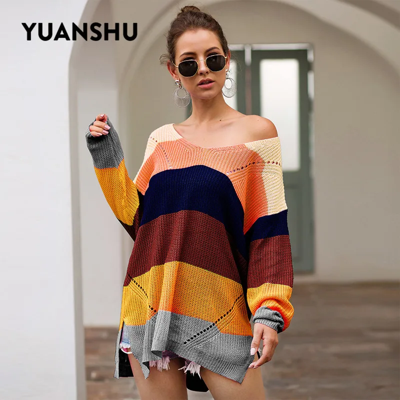 

YUANSHU 2019 Autumn Rainbow Knitted Women Sweater V Neck Pullovers Long Sleeve Loose Casual Winter Sweaters Plus Size
