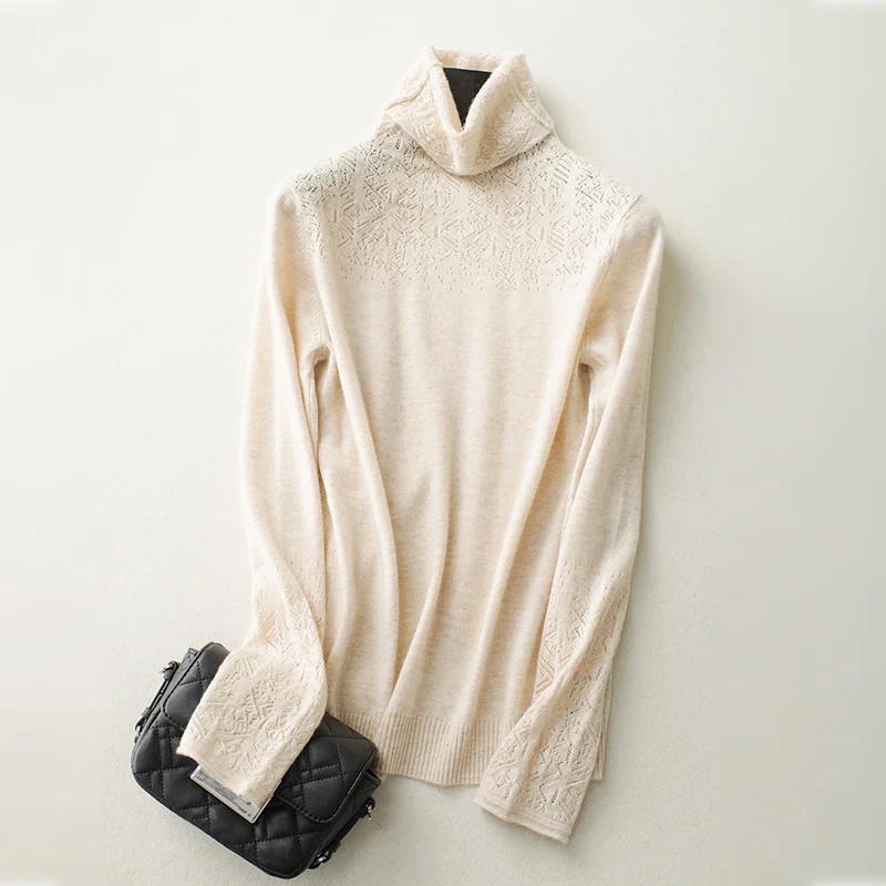Autumn Winter New Women Sweater Openwork Carved Cashmere Solid color Soft fashion Hedging Wool Knit High-collar | Женская одежда