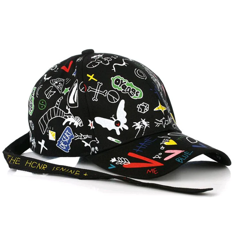 Long Belt Baseball Cap Print Graffiti Sun Caps Hip Hop Visor Hat Adjustable Snapback Hats For Women Men | Аксессуары для одежды