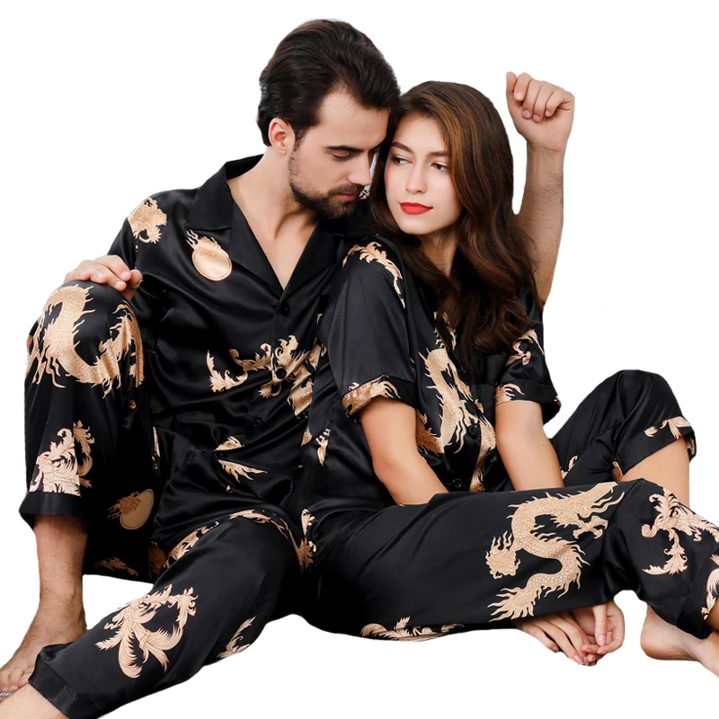 

Men Pajamas Set Print Chinese Dragon Satin Silk 2 Piece Pyjamas Set Couples Short-sleeved Rayon Home Wear Nightwear