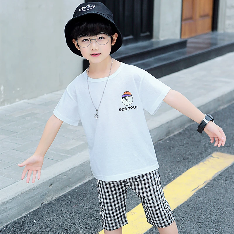 

2019 feiluo 2PCS Set Baby Boy Clothes Children Summer Toddler Boys Clothing set Kids Fashion Cotton T-shirt+ plaid pants Sets