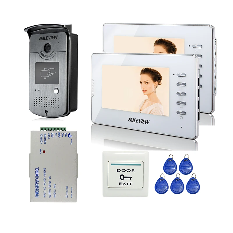 

New 7" Color Screen Video Door Phone Intercom System + 2 Monitor + RFID Reader Doorbell Camera + Power Controller FREE SHIPPING