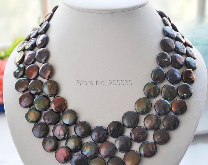 

huij 00283 3row 14mm black coin freshwater pearl necklace