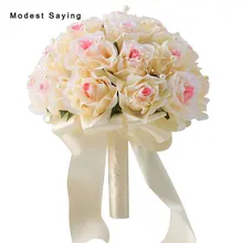 Элегантный Шампанское искусственные цветы жемчугом Свадебные букеты с атласным поясом Для женщин невесты Букет Свадебные аксессуары