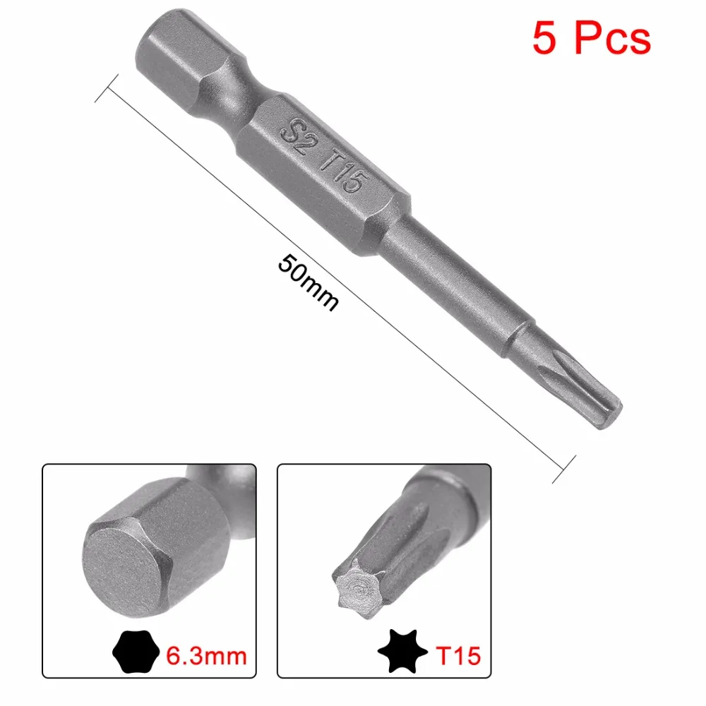 

UXCEL 5PCS 50mm 1/4" Hex Shank T15 Magnetic Torx Head Screwdriver Bits S2 High Alloy Steel Home DIY Replace Phillips Screwdriver