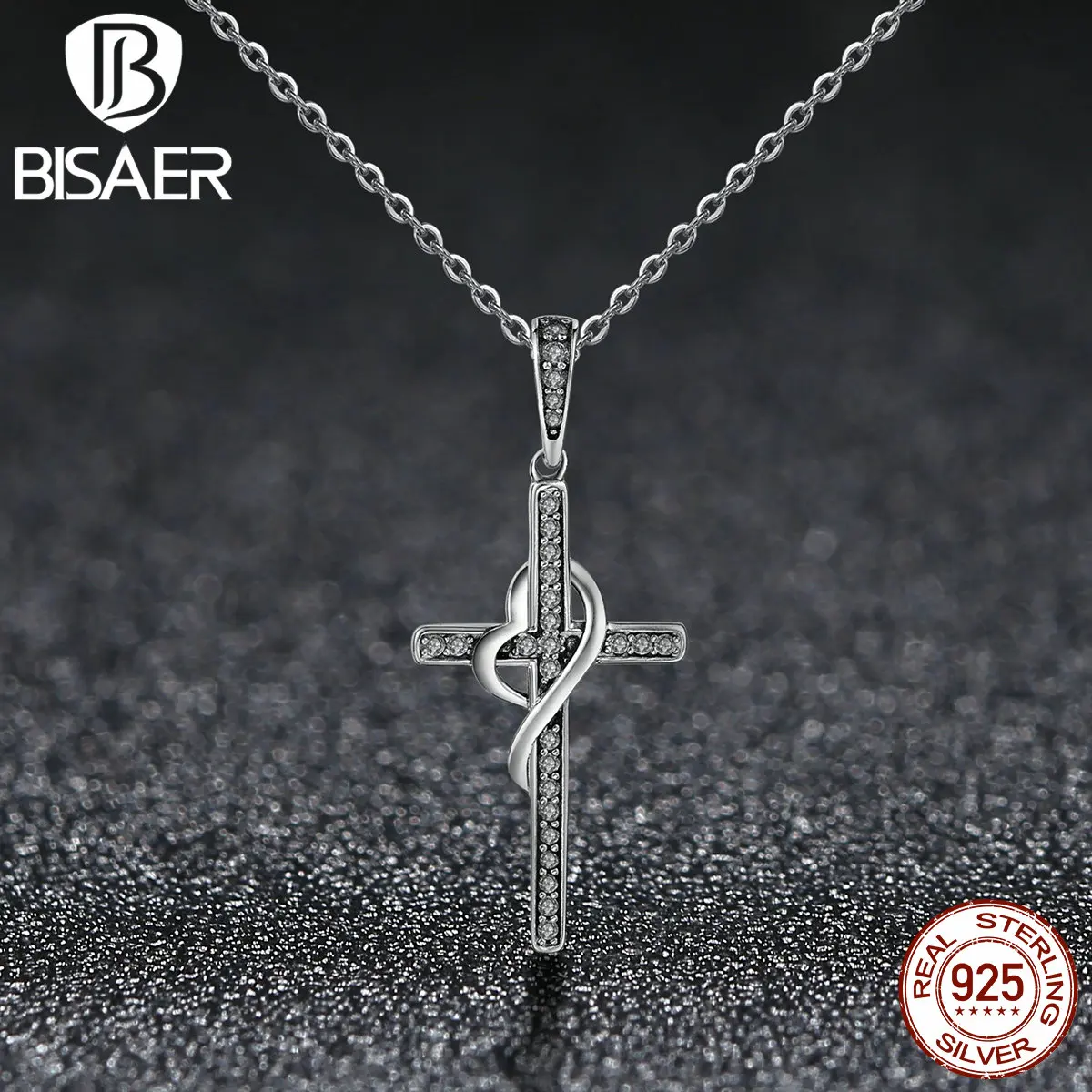

BISAER Authentic 100% 925 Sterling Silver Faith Love Crossing With Heart Pendants Necklaces Fashion Jewelry HSN104