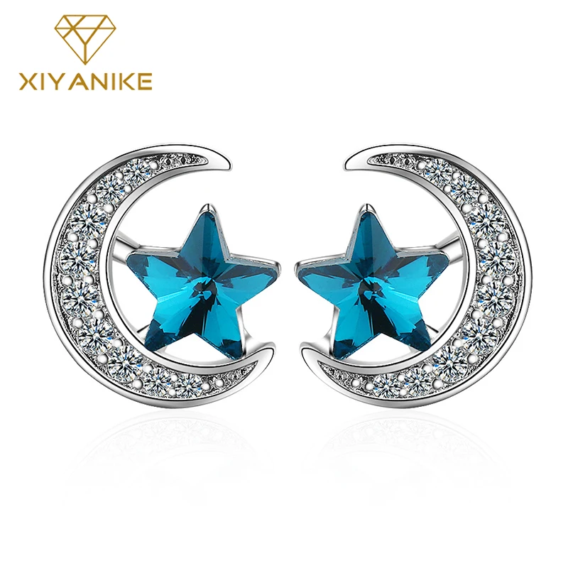 XIYANIKE 925 серебро Новая Мода Синие Звезды Луна кристалл серьги подвески серьги со стразами ювелирные кольца для женщин подарок