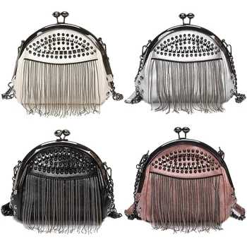

Cute Retro Tassel Fashion Shell Bag Girl Rivet Personality Clip Lock Rivet Design Versatile Shell Outllok Shoulder Crossbody Bag