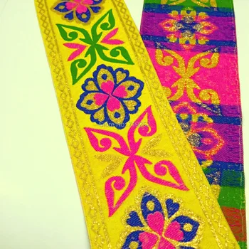 

10cm 4'' Stage Curtain Laciness National Jacquard Ribbon Woven Webbing Pink Yellow Blue Green Gold Filigree Butterfly Colorful