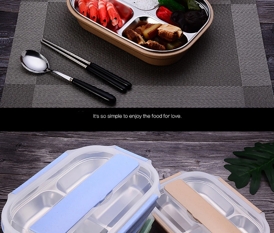 ONEUP stainless steel Lunch box Eco-friendly Wheat Straw Food container with cutlery Bento Box With Compartments Microwavable 4