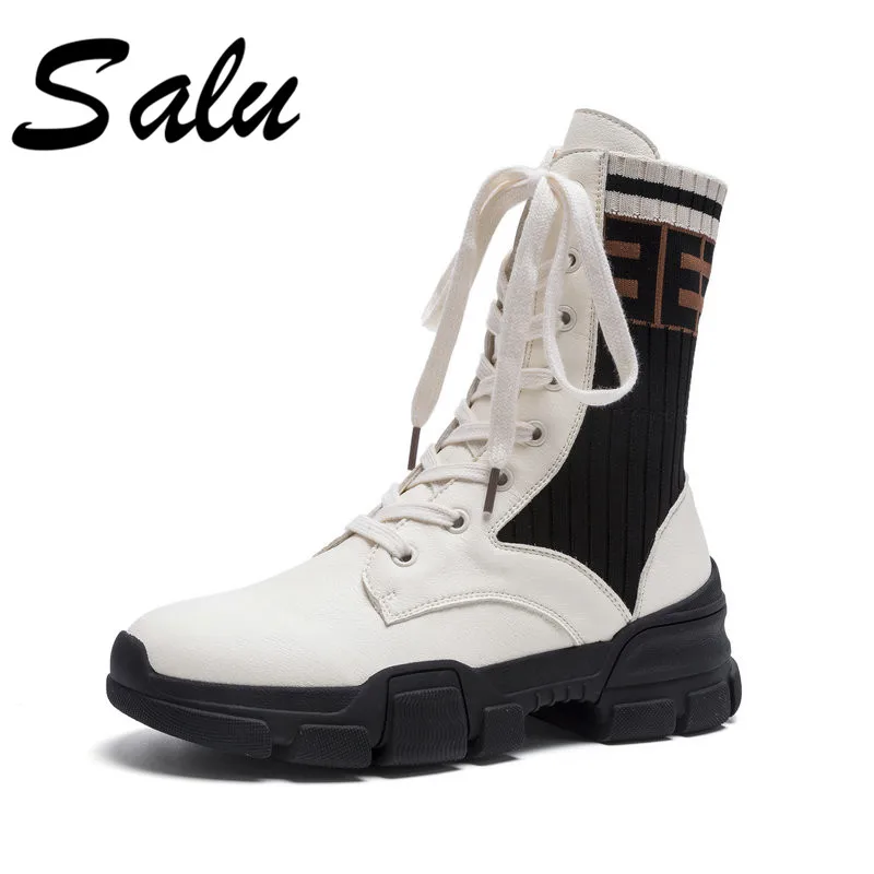 

Salu 2018 ankle boots for women Genuine leather lace up Martin boots fashion comfortable platform shoes woman plus size 11 10