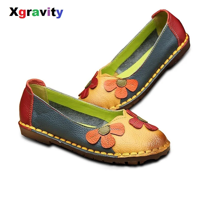 Xgravity Summer Autumn Fashion Flower Design Round Toe Mix Color Flat Shoes Vintage Genuine Leather Women