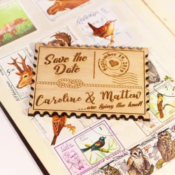 

WoodenPost Stamp save the date magnet , wedding postcard wooden Magnets, Rustic Fridge Magnets