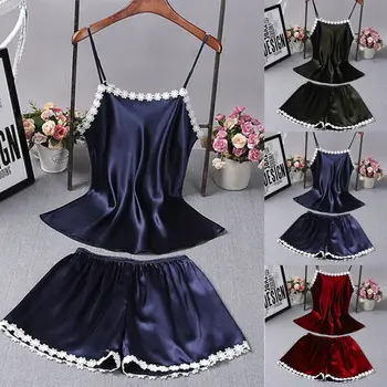 

2pcs New Sexy Women Satin Lace Sleepwear Babydoll Lingerie Nightdress Pajamas Set 3 Colors Plus Size M-XXL