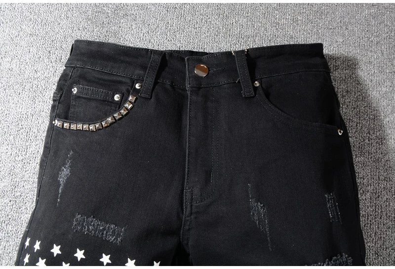 Sokotoo Для мужчин на заклепках со звездным принтом в стиле пэчворк черные джинсы Мода в уличном стиле; высокие сапоги-чулки из эластичной