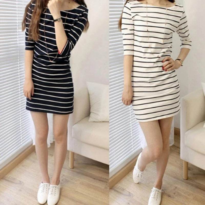 

Bigsweety Classical Striped Dress Women Casual Beach Dress Slim Above Knee Mini Dress Half Sleeve Round Neck Stripes Dress