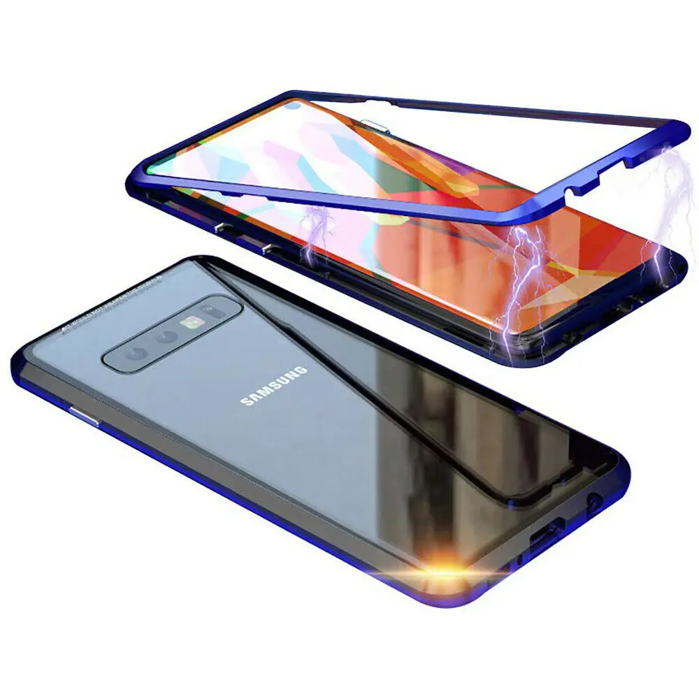 Magnetic Absorption Metal Bumper Back Glass Case Cover For Samsung S10 + S9 S8