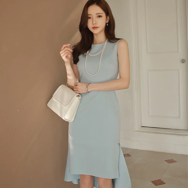 

New Summer Women dress Sleeveless Slim Irregular Sexy Fishtail Packet Buttock Dresses Light Blue 718