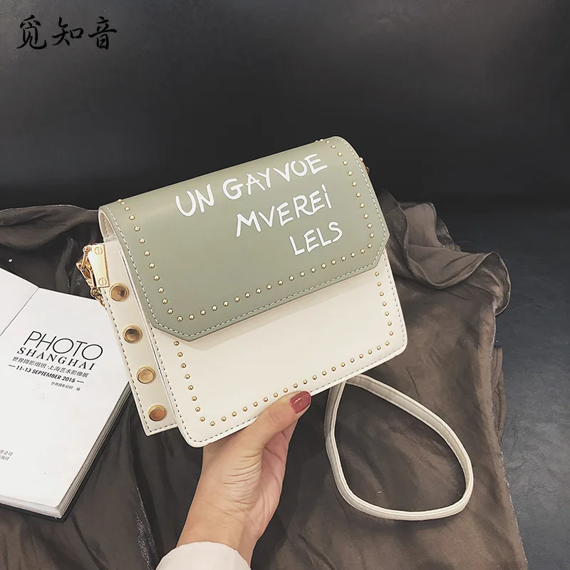 

2019 Pu Lady Bag Embroidery Chain Single Shoulder Slanting Simple Rivet Letter Square Hasp Handbag High Quality Famous Brand