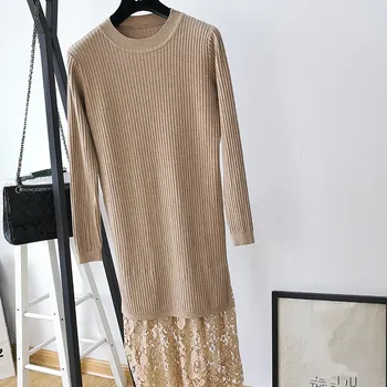 

Fall Winter Women O-neck Lace Patchwork Sweater Dress Long Pullover Knitted Sweaters Pull Femme Casual Jumpers