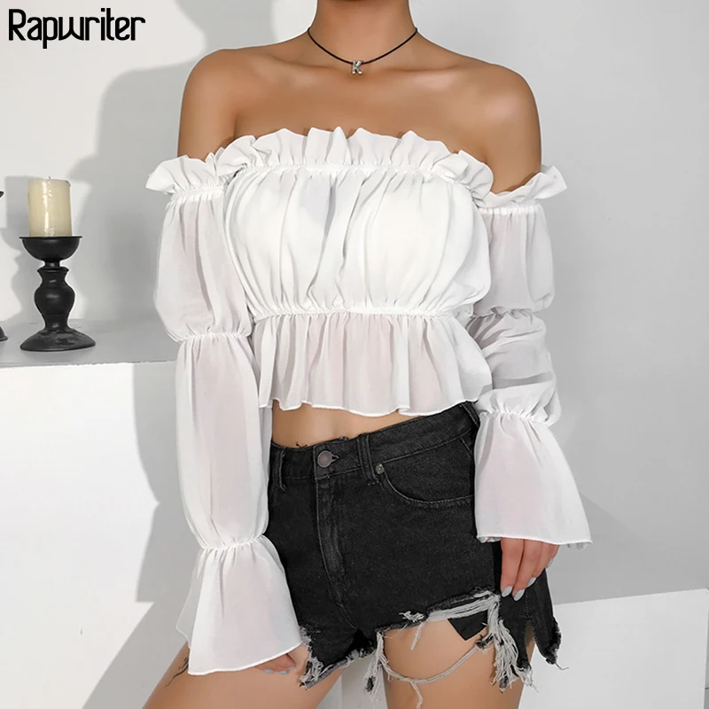 

Rapwriter Sexy Off Shoulder Ruffles Chiffon White Blouses Women 2019 Summer Streetwear Solid Long Falre Sleeve Retro Short Shirt