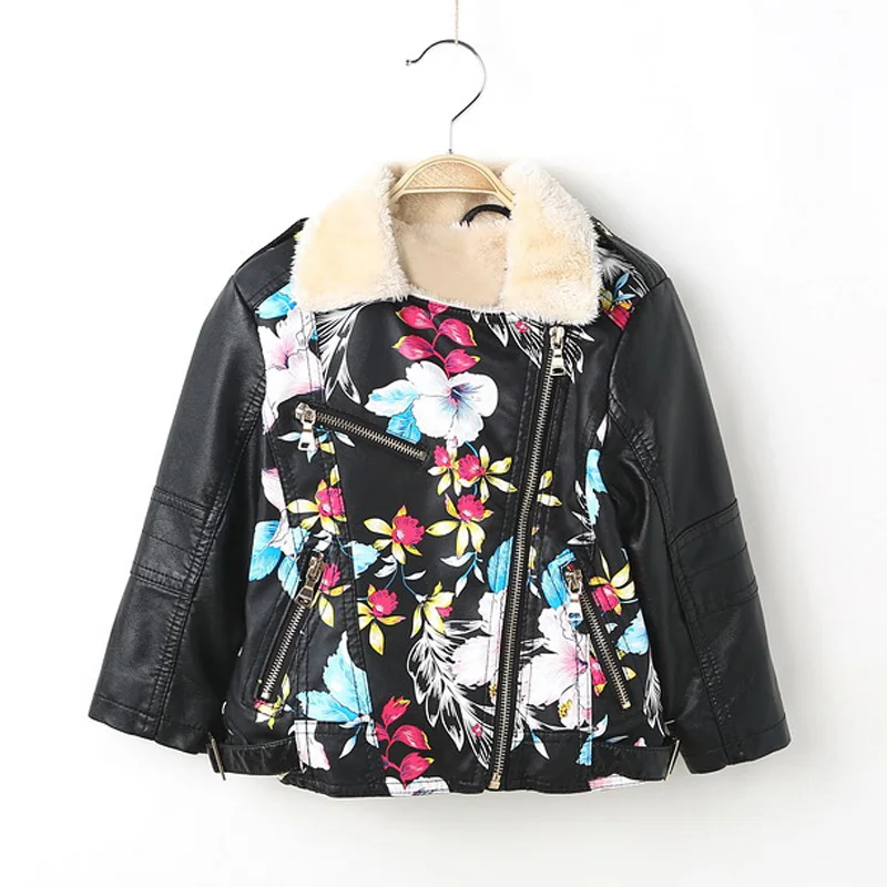 

New Arrival Children Coats PU Leather Floral Print Kids Jacket For Girls Autumn Winter Fleece Warm Boys Outerwear Jackets DQ076