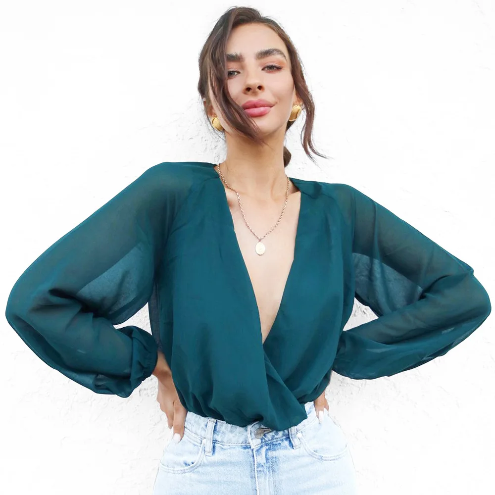 

Women's Laides Sexy Club Full Sleeve V-Neck Chiffon Summer Solid Tops T-shirts Polos Shirts Bodysuits