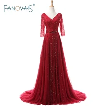 Elegant Red Real Photo Heavy Beading Half Sleeves Evening Dresses Formal Celebrity Gowns abendkleider robe de soiree ASAE45