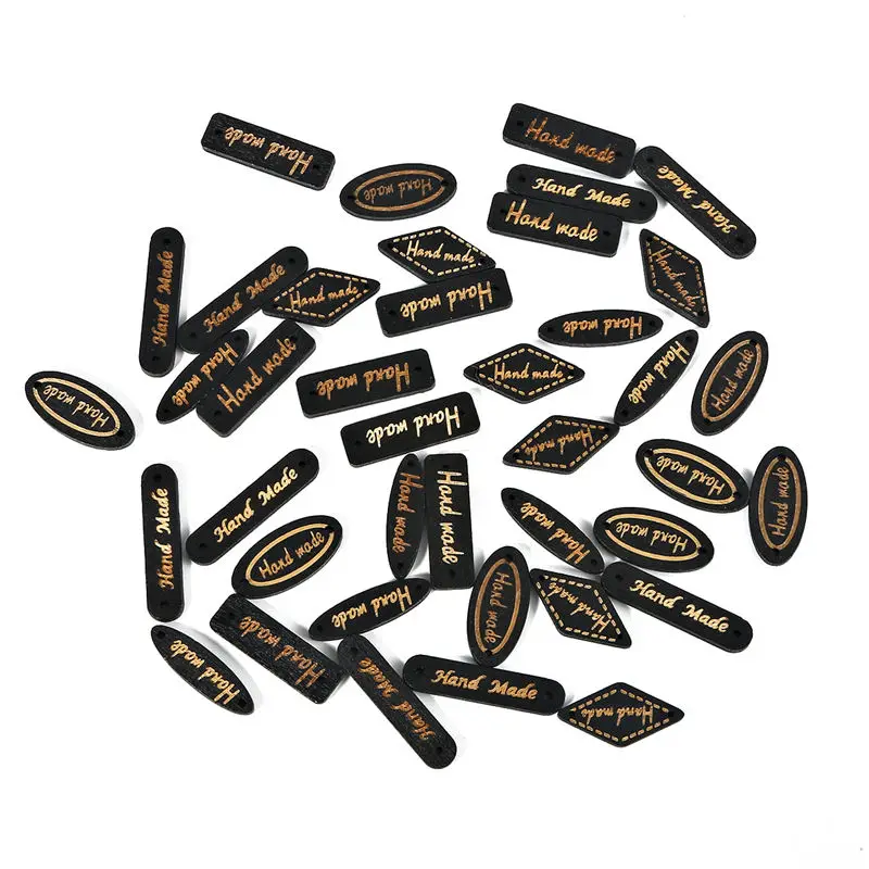 50/100pcs Handmade Oval Square Natural Wooden Button "Hand Made" Tags Applique for DIY Sewing Clothes Crafts Scrapbooking - Цвет: Black  5 Shapes