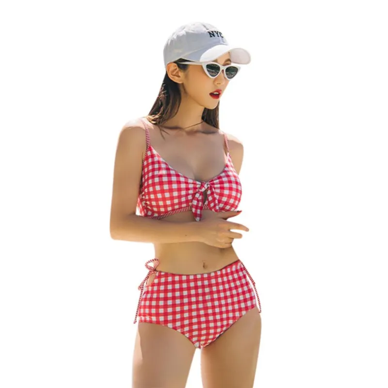 

Women Sexy Bikini Sweet Plaid Print Bow Simple High Waist Halter Cross Strap Bandage Split Bikini Set Swimsuits Summer