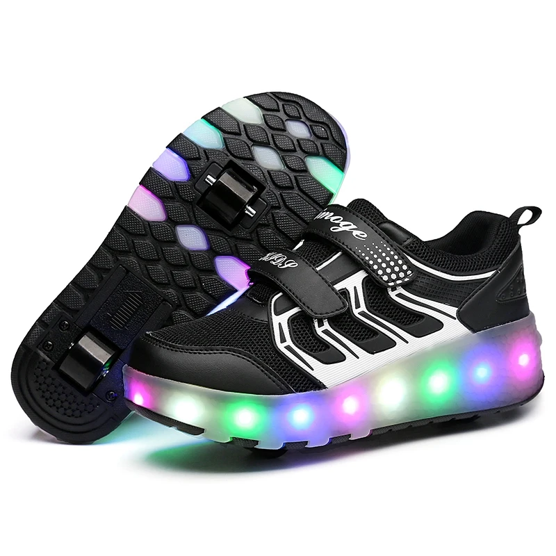 LED Double Roller Skate Shoes Women Colorful Flashing Shoes Invisible Automatic Pulley Roller Shoes Luminous Sneakers