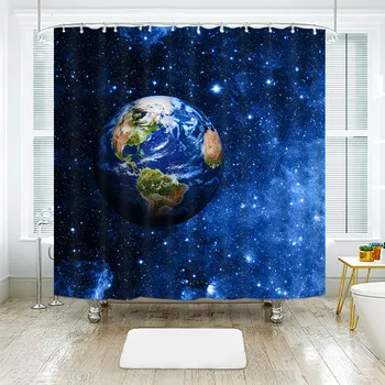 

Blue Earth in Space Pattern 3D Starry Sky Shower Curtains Waterproof Thickened Bath Curtains for Bathroom Customizable