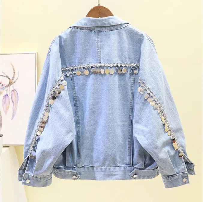 

New Korean Heavy Metal Sequins Long Sleeve Denim Coat Female Students Loose Short Jacket Spring Clothes Woman Jeans Coats