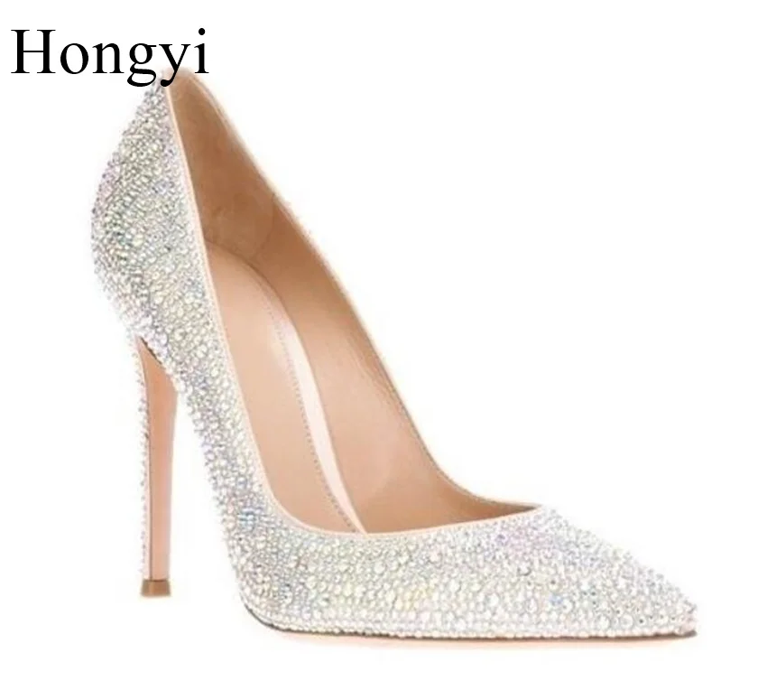 

Hongyi Elegant Bling Bling Crystal High Heel Pumps Pointed Toe Luxury Rhinestone Bride Dress shoes woman High Quality Pumps