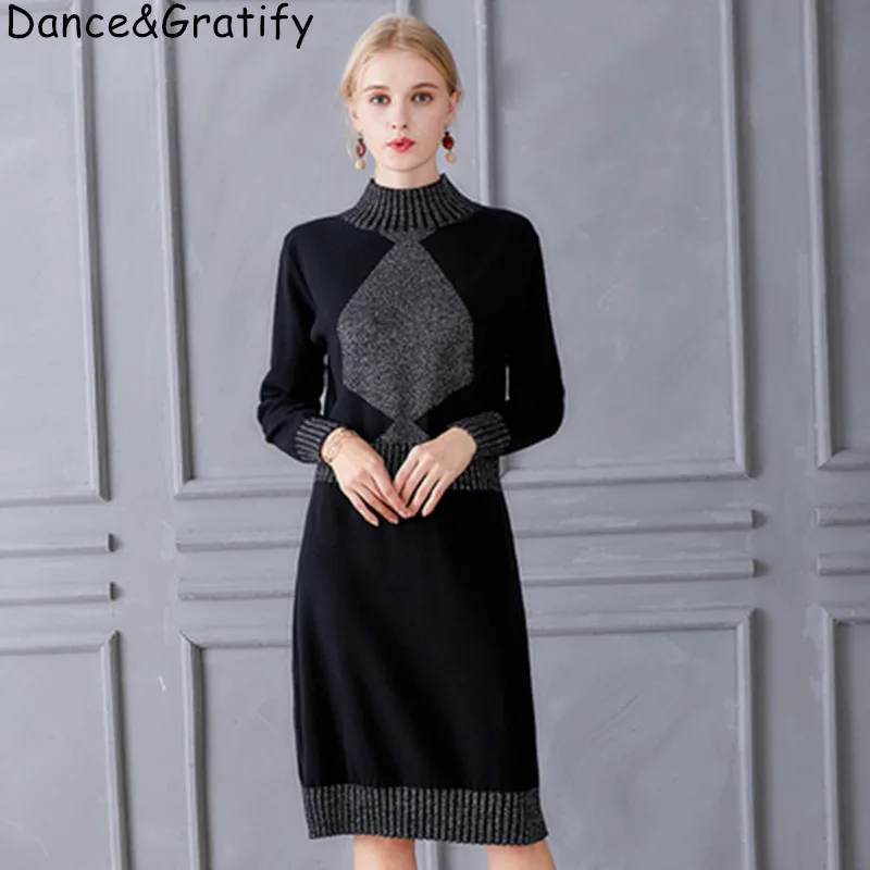 

New 2019 European Style Women Winter New Vintage Knitted Sweater Dress Female Pullover Autumn Ladies Turtleneck Warm Dress