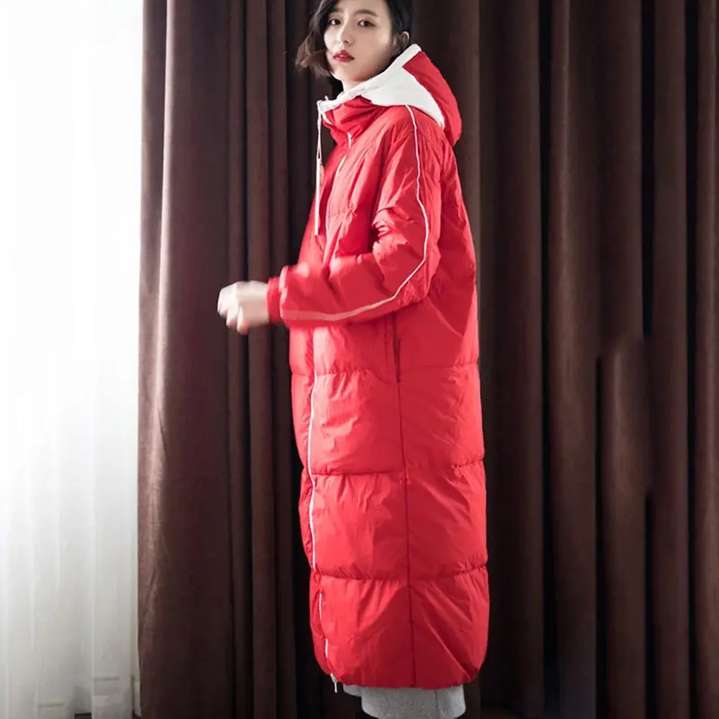 Женский зимний красный длинный пуховик белый утиный пух Верхняя одежда двухсторонняя Одежда модное пальто с капюшоном размера плюс HJ248