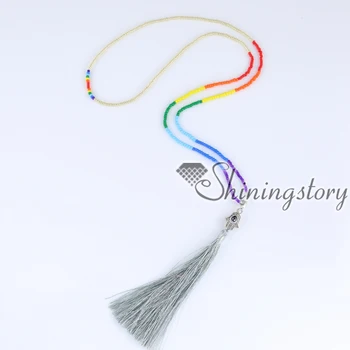 

7 seven chakra necklace jewelry hamsa hand long beaded necklace with tassel yoga spiritual healing meditation jewelry