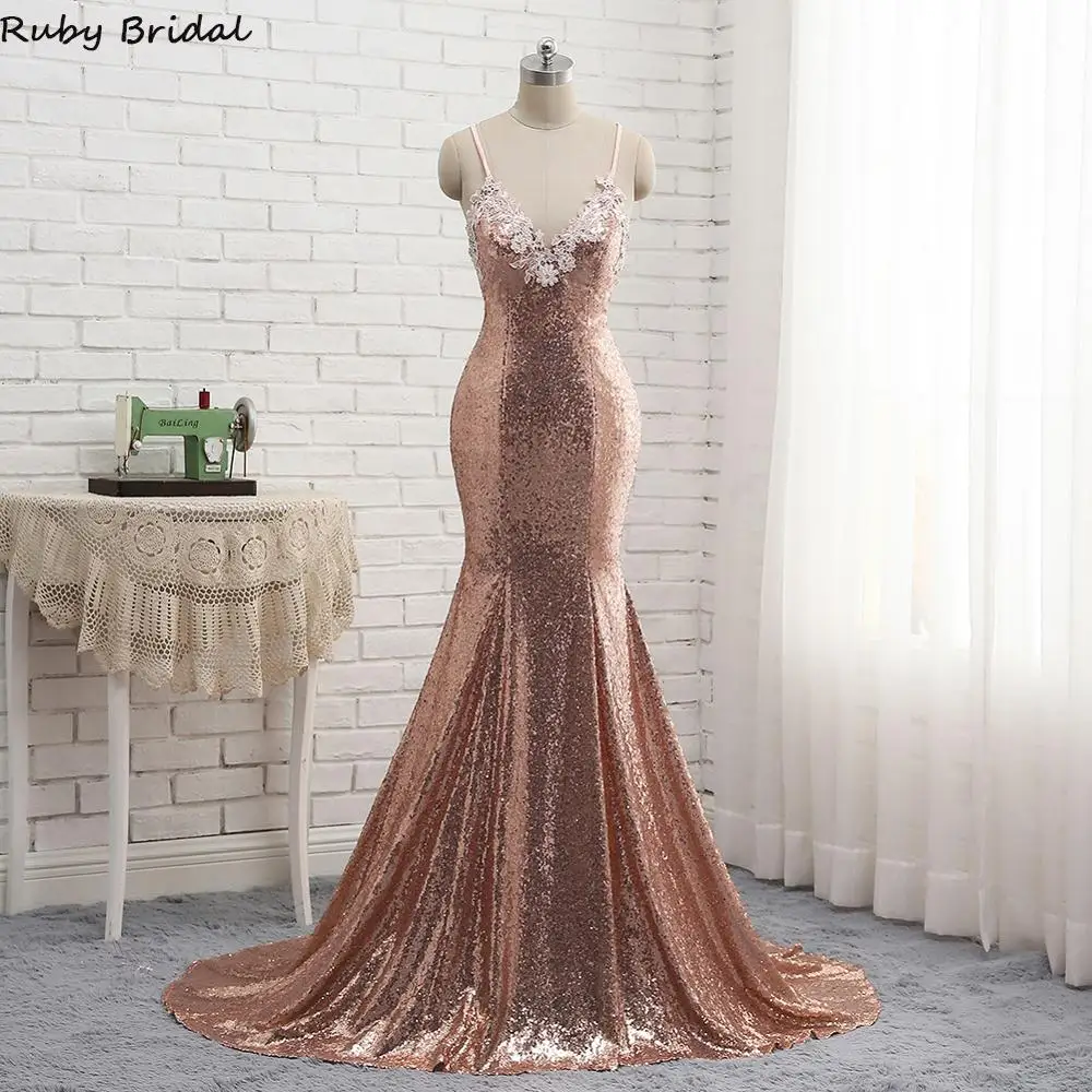 

2019 New Vestido De Noche Long mermaid Champagne Sequins Evening Dresses Sexy Backless Party Prom Gown PW907