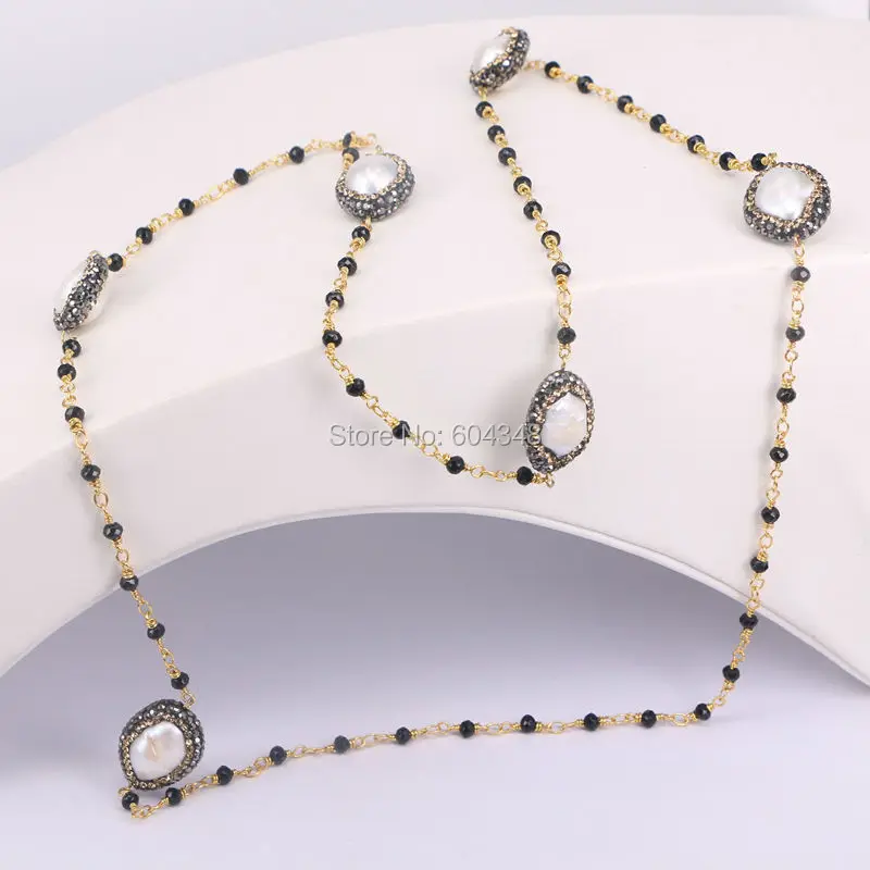 

3Strands Fashion Pave Crystal Zircon Freshwater Pearl Necklace, Gold color Wire Wrapped Beaded Rosary Chain Necklace