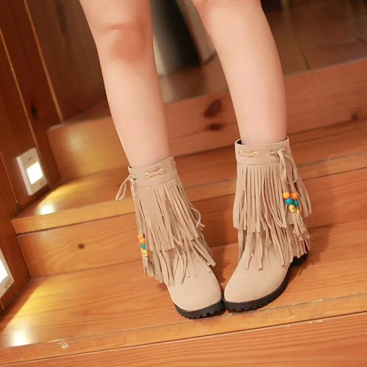 

Sweet retro tassel and round toe boots non slip low-heeled women's solid boot