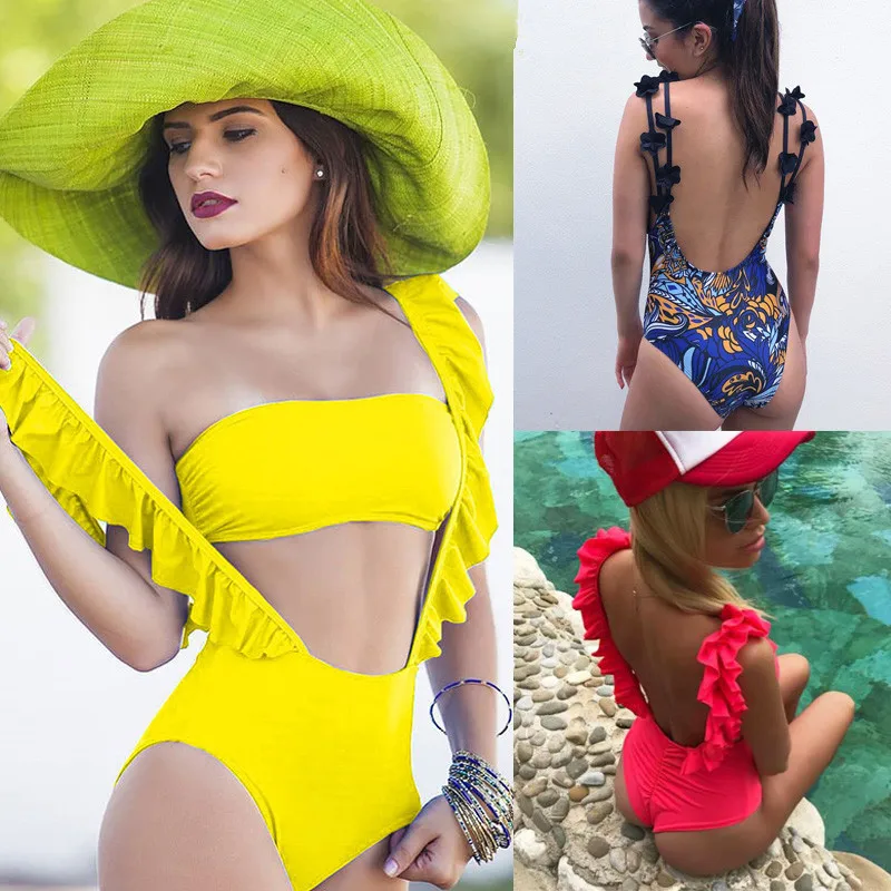 

2019 New Floral Side One Piece Solid Swimsuit Cute Swimwear Bathing Suit Women Bodysuit Beach Wear Monokini Maillot De Bain