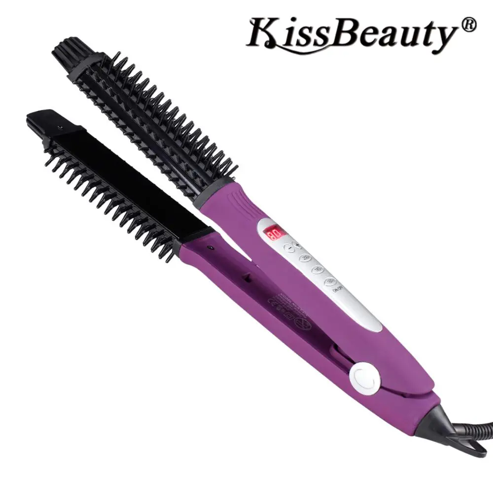 

Kissbeauty Hot Brush 3 in 1 Curling Iron Brush with LED Display Round Hair Brush Ceramic Hair Straightener Flat Iron