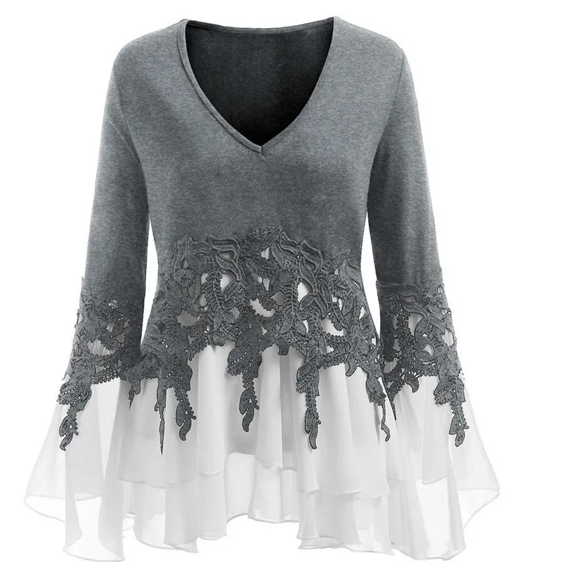 

Plus Size Layered Women Fall V-Neck Flare Long Sleeves Ladies Tops Clothing T Shirt New Fashions 2019 GRNSHTS