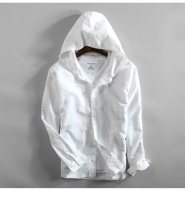JOURNAL STANDARD - 【HTS】COTTON LINEN HOODED PULL SHIRT Mens Cotton Linen Hooded Shirts Long Sleeve Men High Quality