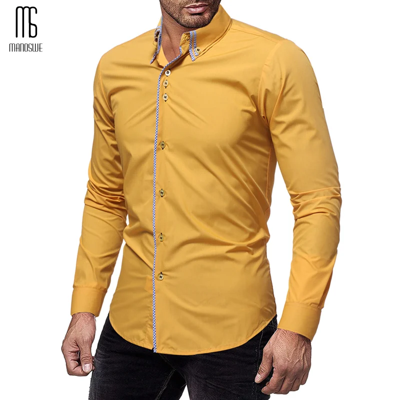 Manoswe, модная мужская рубашка с длинным рукавом, отложной воротник, черная рубашка, топы,, Повседневная тонкая, размера плюс, деловая одежда, Camisa - Цвет: Цвет: желтый