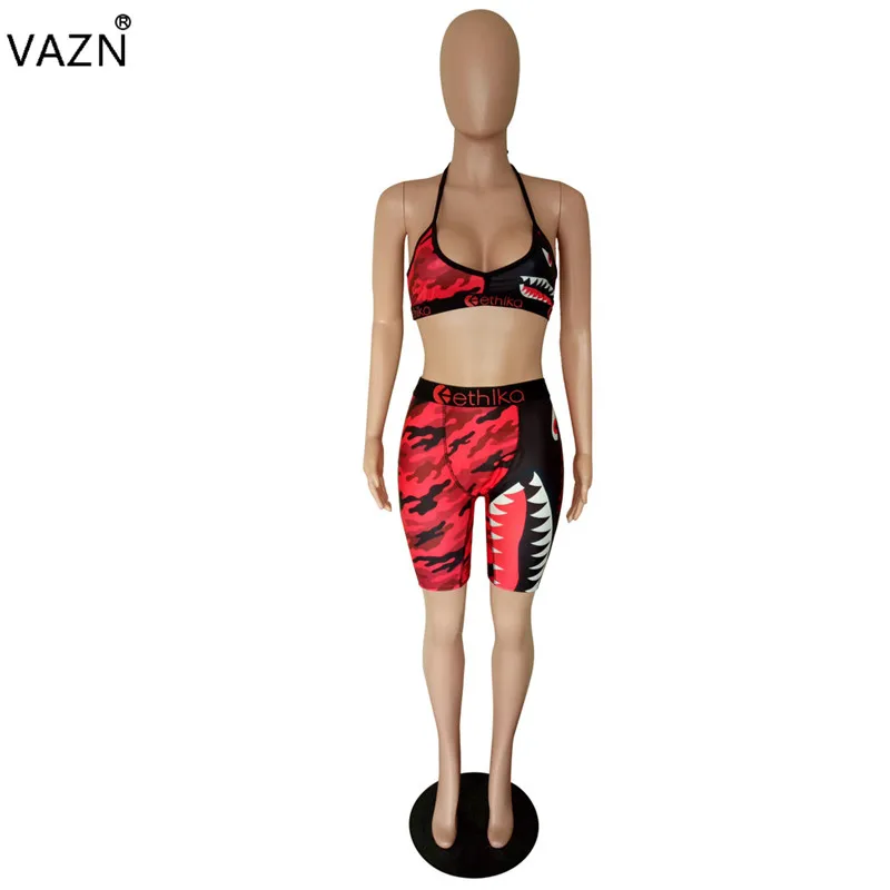 VAZN камуфляж красочные печатные сексуальный комплект из двух частей Спагетти ремень без рукавов укороченный топ и Оболочка Короткие брюки спортивный костюм LS6222