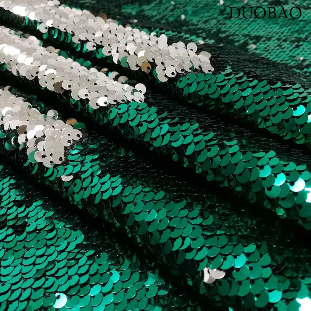 Sequin Fabric By The Yard Green to Silver Two Tone Sequin Fabric